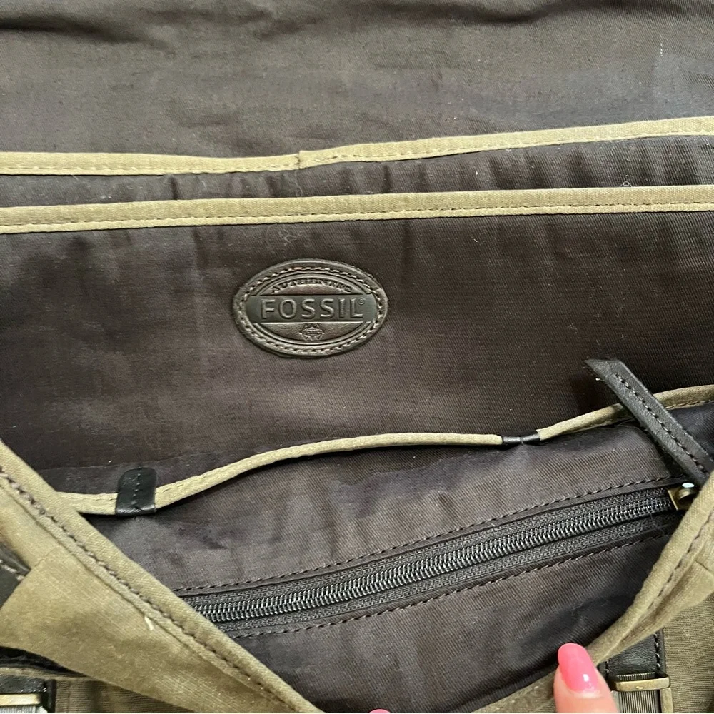 Fossil Olive Canvas Messenger with Dark Brown Leather Trim